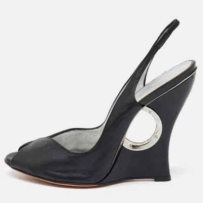 Pre-owned Casadei Black Leather Slingback Wedge Pumps Size 38.5