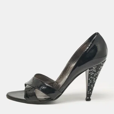 Pre-owned Casadei Black Patent Leather Crystal Embellished Heel Open Toe Pumps Size 38