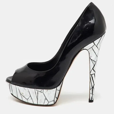Pre-owned Casadei Black Patent Leather Mosaic Mirror Heel Peep Toe Platform Pumps Size 36