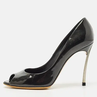 Pre-owned Casadei Black Patent Leather Peep Toe Pumps Size 37.5