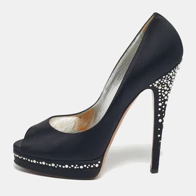 Casadei Black Satin Crystal Embellished Peep Toe Pumps