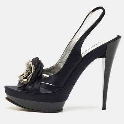 Pre-owned Casadei Black Satin Crystals Embellished Slingback Sandals Size 39