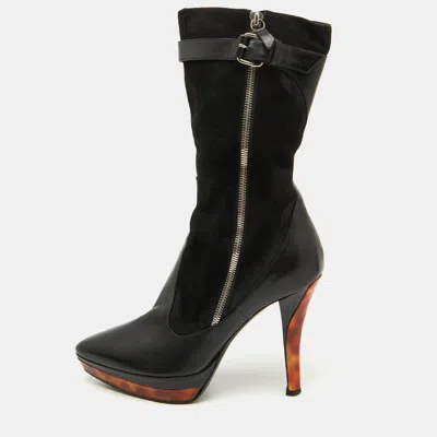 Casadei Black Suede And Leather Platform Ankle Length Boots