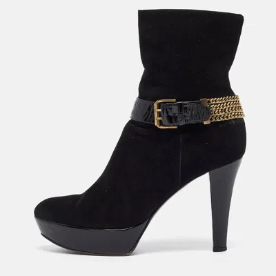 Casadei Black Suede Buckle Chain Embellished Platform Ankle Boots