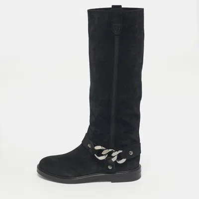 Casadei Black Suede Chain Detail Knee Length Boots In Multi