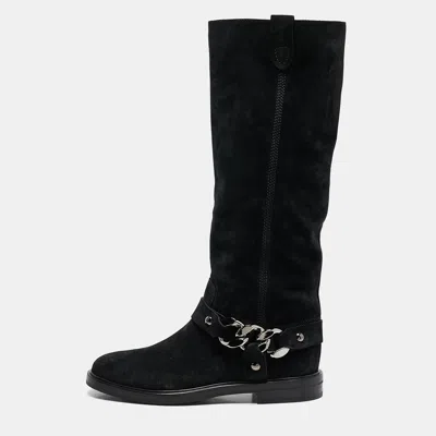 Pre-owned Casadei Black Suede Chain Detail Knee Length Boots Size 38.5