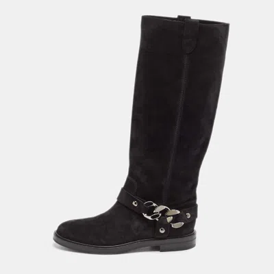Pre-owned Casadei Black Suede Chain Detail Knee Length Boots Size 39