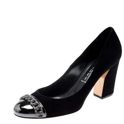 Casadei Black Suede Chain Detail Metal Cap Toe Pumps