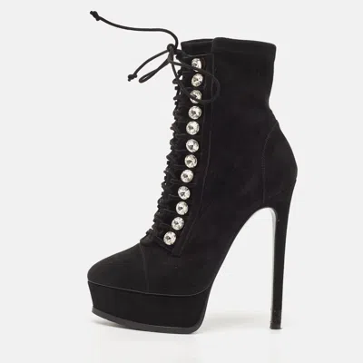 Pre-owned Casadei Black Suede Crystals Platform Ankle Length Boots Size 36