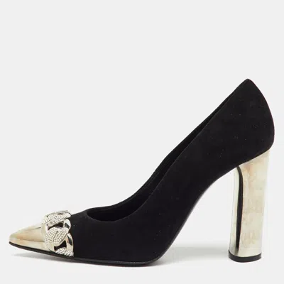 Casadei Black Suede Pointed Toe Crystal Chain Link Pumps