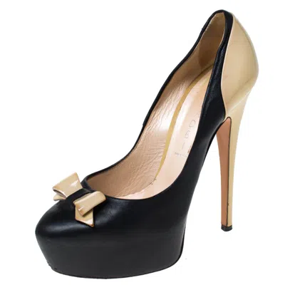 Casadei Black/beige Leather Bow Platform Pumps