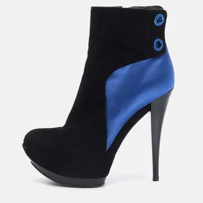 Casadei Black/blue Suede And Satin Platform Ankle Boots