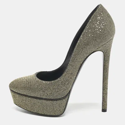 Pre-owned Casadei Black/gold Glitter And Lamé Fabric Daisy Platform Pumps Size 38