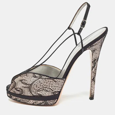 Pre-owned Casadei Black/pink Lace And Satin Ankle Strap Sandals Size 41
