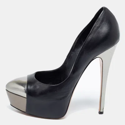 Pre-owned Casadei Black/silver Leather Cap Toe Platform Pumps Size 38