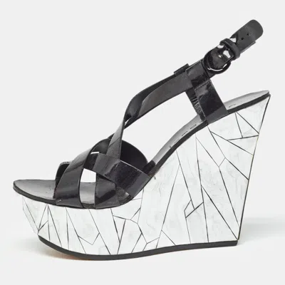 Casadei Black/silver Patent Leather Mirrored Crack Wedge Sandals