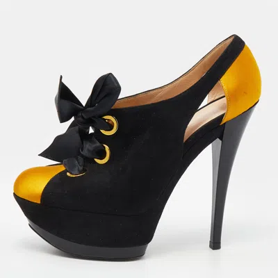Casadei Black/yellow Suede And Satin Lace Up Platform Booties