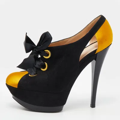 Casadei Black/yellow Suede And Satin Lace Up Platform Booties