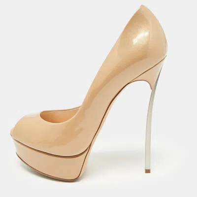 Pre-owned Casadei Blade Size 36.5 Beige Patent Leather Peep Toe Pumps In Sand