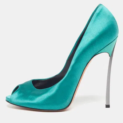 Pre-owned Casadei Blade Size 36.5 Green Satin Peep Toe Pumps