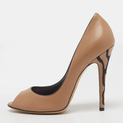 Pre-owned Casadei Blade Size 38 Beige Leather Peep Toe Pumps