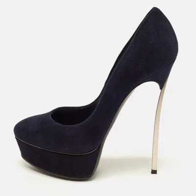 Pre-owned Casadei Blade Size 38 Navy Blue Suede Platform Pumps