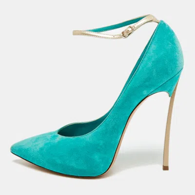 Pre-owned Casadei Blade Size 38 Sea Green/metallic Leather And Suede Ankle Strap Pumps