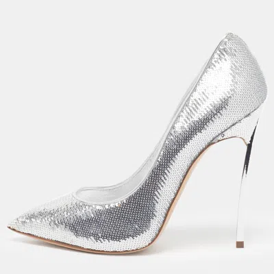 Pre-owned Casadei Blade Size 39 Silver Sequins And Leather Pumps