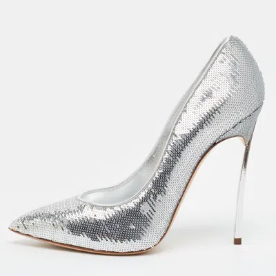 Pre-owned Casadei Blade Size 39 Silver Sequins And Leather Pumps