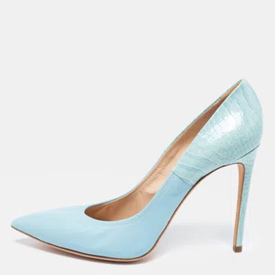 Pre-owned Casadei Blue Croc Embossed Patent And Leather Pointed Toe Pumps Size 39
