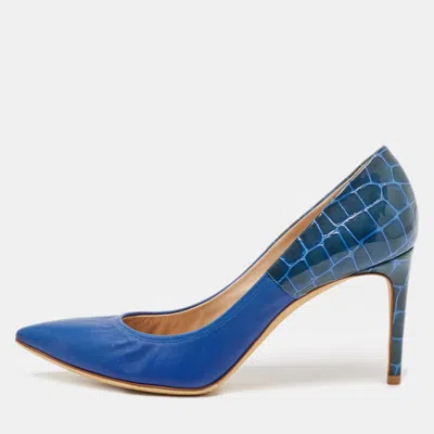 Pre-owned Casadei Blue Croc Embossed Patent Leather And Leather Pointed Toe Pumps Size 38.5