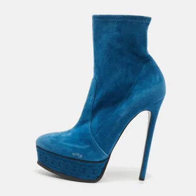Casadei Blue Suede Chain Embossed Ankle Sock Boots