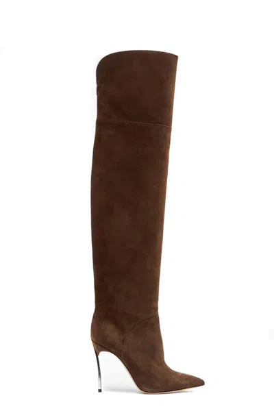 Casadei 100mm Metallic-heel Suede Over-the-knee Boots In Brown