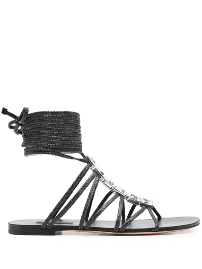 Casadei Braided Crystal-embellished Flat Sandals In Black