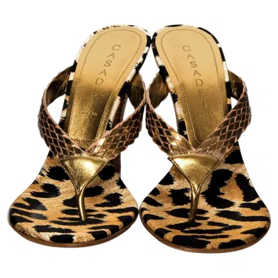 Pre-owned Casadei Brand New  Gold Leopard Mules Heels Size 6 In Brown