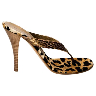Pre-owned Casadei Brand New  Gold Leopard Mules Heels Size 9 In Brown