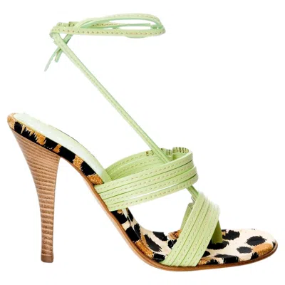 Pre-owned Casadei Brand New  Lime Green Leopard Sandal Heels Size 9