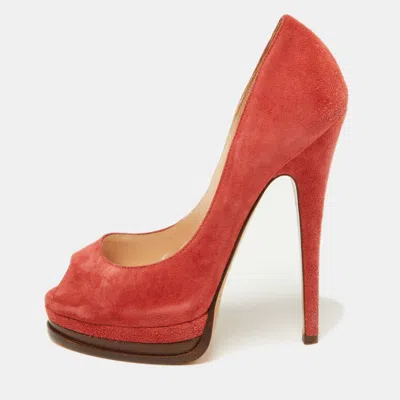 Casadei Brick Brown Suede Daisy Peep Toe Platform Pumps In Red