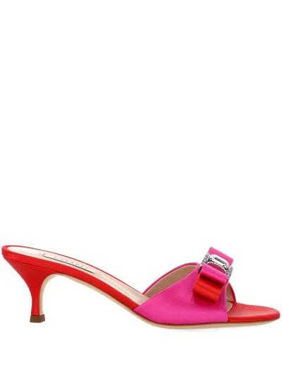 Casadei Bright Red Logo Bow Satin Mules