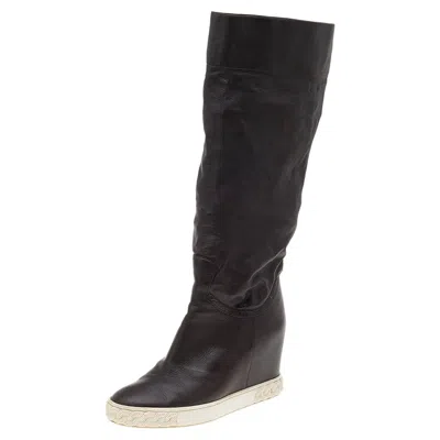 Casadei Brown Leather Wedge Mid Calf Boots