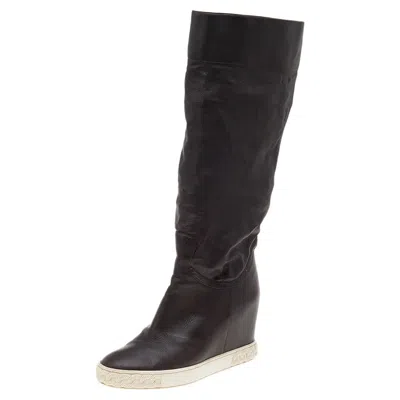 Casadei Brown Leather Wedge Mid Calf Boots