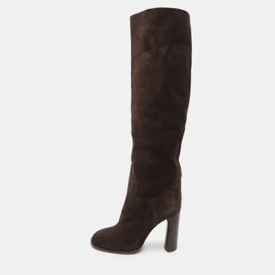 Pre-owned Casadei Brown Suede C Chain Embellished Calf Length Boots Size 36