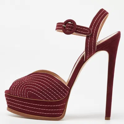 Pre-owned Casadei Burgundy Suede Stitch Detail Platform Sandals Size 40