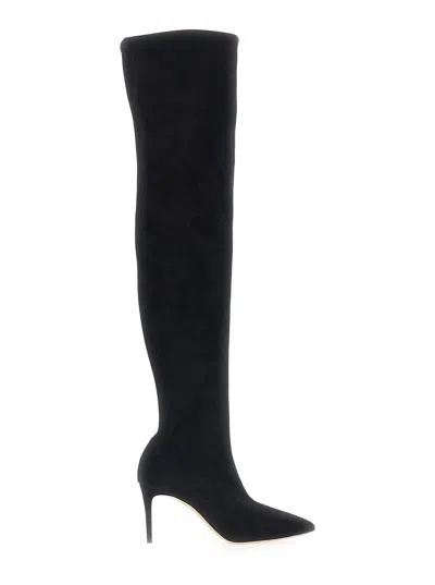 Casadei Casual Pointed Toe Slip-on High Boots With Knee-band And 8 Cm Heel In Eco-suede In Black