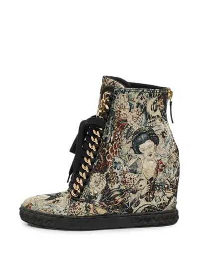 Pre-owned Casadei Chain-link Brocade Wedge Sneakers In Neutral
