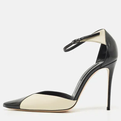 Pre-owned Casadei Cream/black Leather Pointed Toe Mary Jane Pumps Size 39 In White