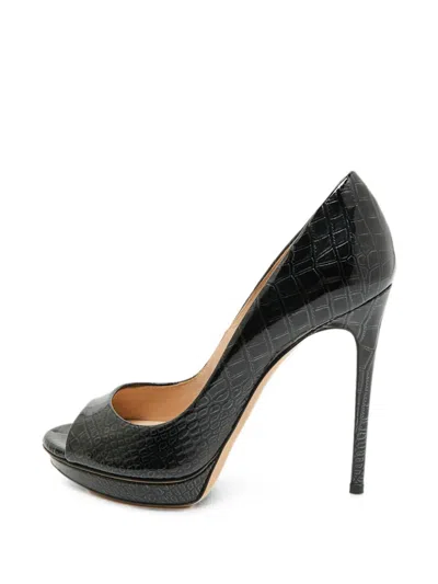Pre-owned Casadei Croc-embossed Heeled Pumps In Black