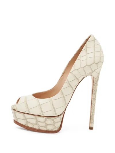 Pre-owned Casadei Croc-embossed Platform Sandals In Neutral
