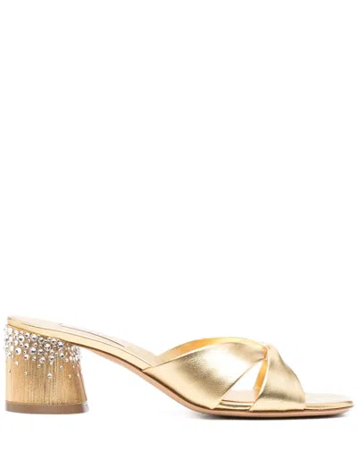 Casadei Crystal-embellished Twist-strap Heeled Sandals In Gold