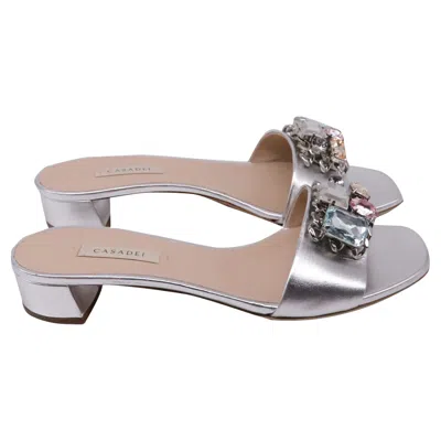 Pre-owned Casadei Crystal-embellished Slide Sandals In Metallic Silver Leather